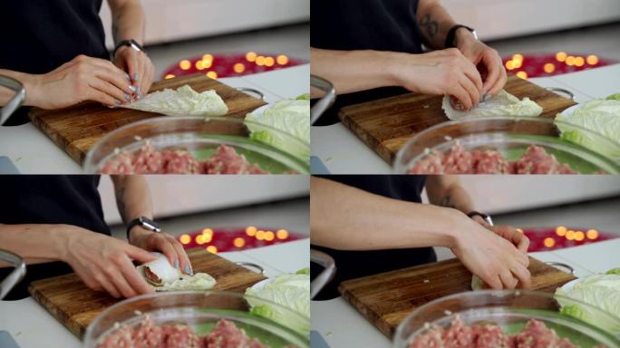 用肉和米饭烹饪填充卷心菜卷的过程。