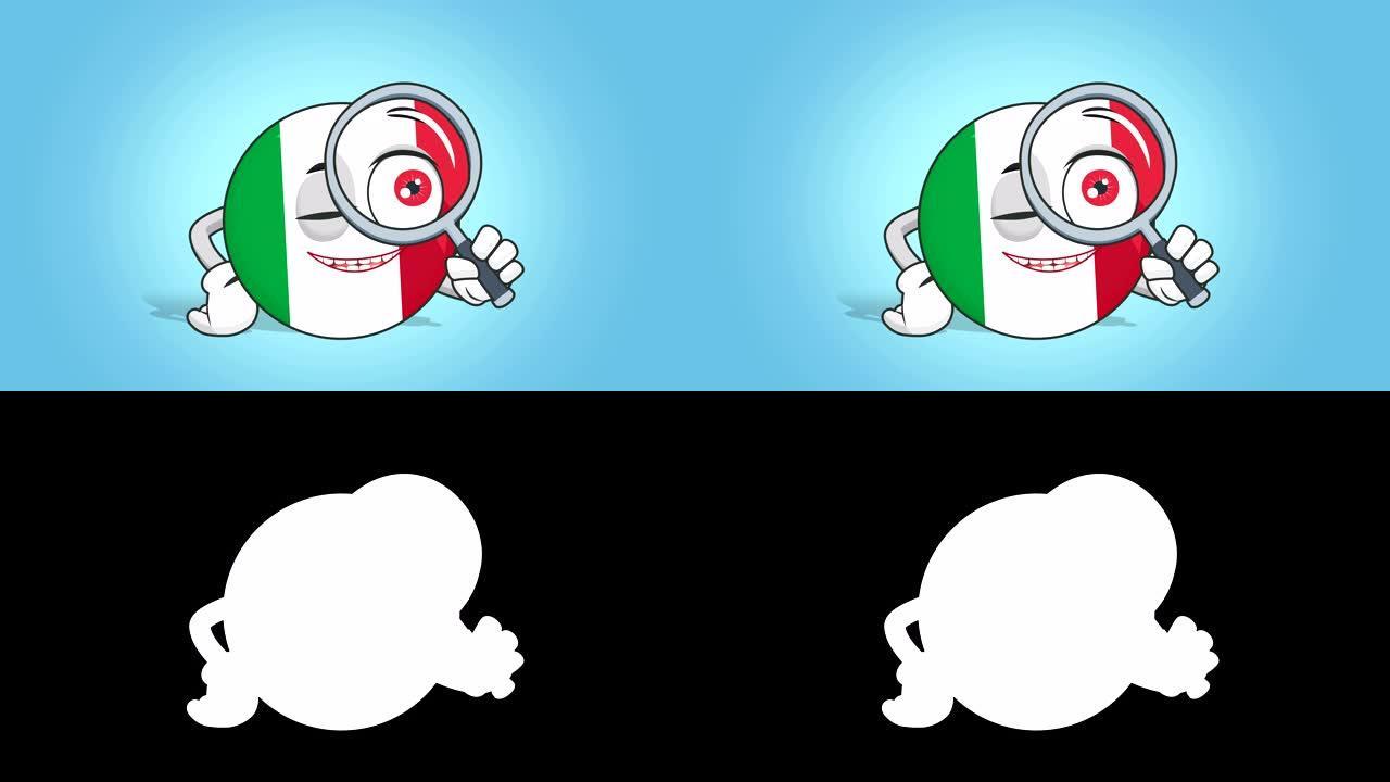 卡通图标旗意大利放大镜与阿尔法哑光面部动画