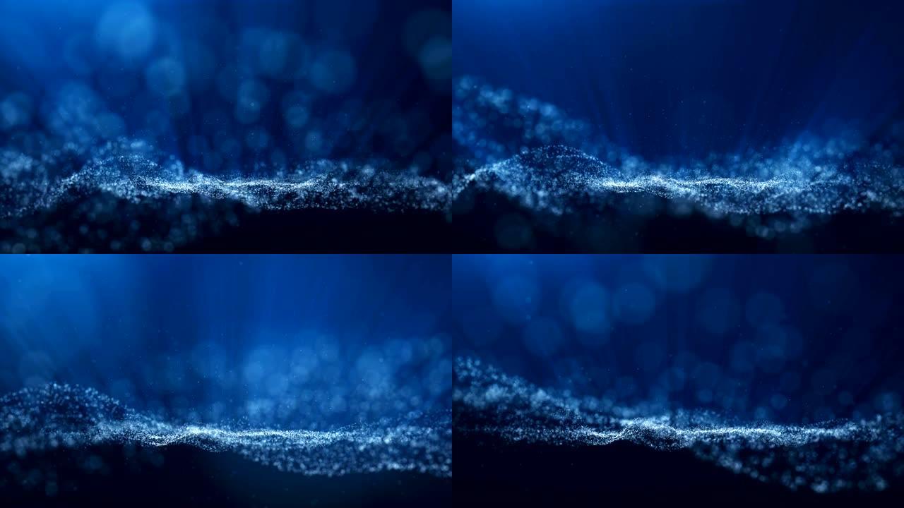 蓝色背景，带有波粒的数字签名，火花，面纱和景深空间。颗粒是白光线。