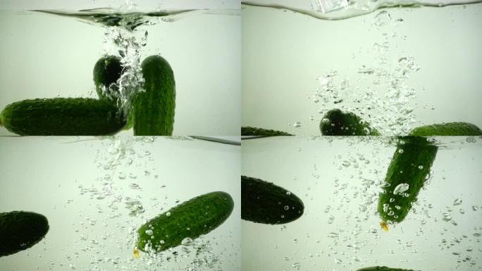 黄瓜掉进水里。慢动作。