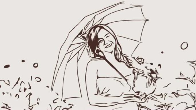 动画卡通素描，女人在野外放松的面部表情，撑伞