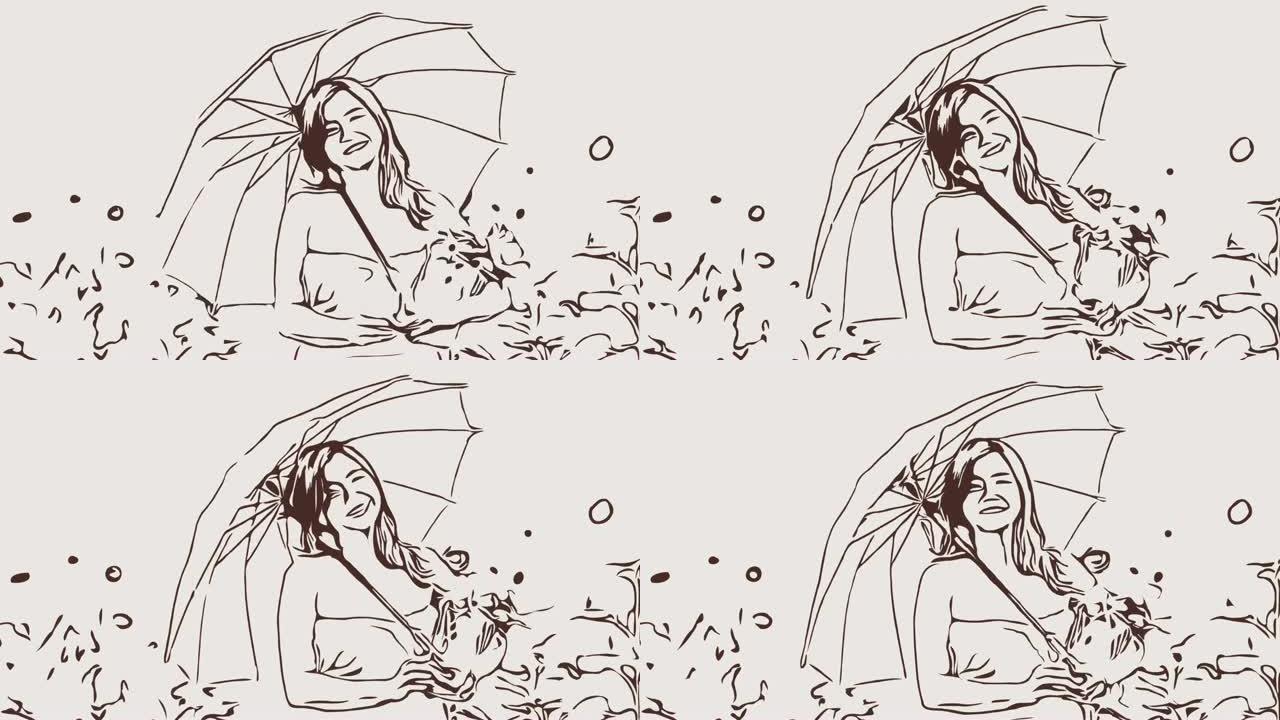 动画卡通素描，女人在野外放松的面部表情，撑伞