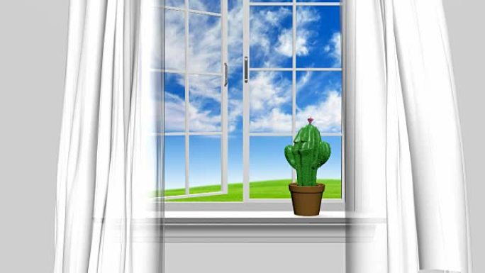 家庭内部和打开的窗户，蓝色的夏日天空和快乐的仙人掌