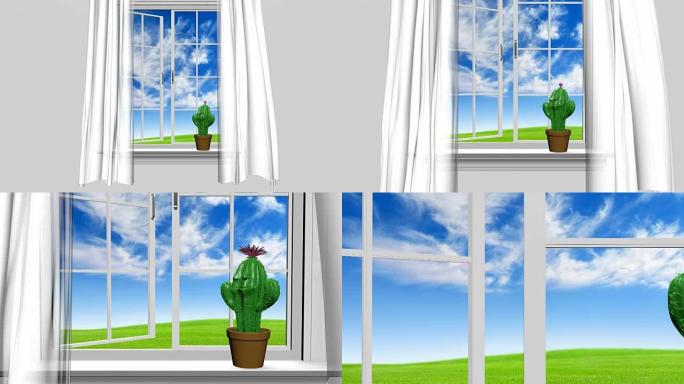 家庭内部和打开的窗户，蓝色的夏日天空和快乐的仙人掌