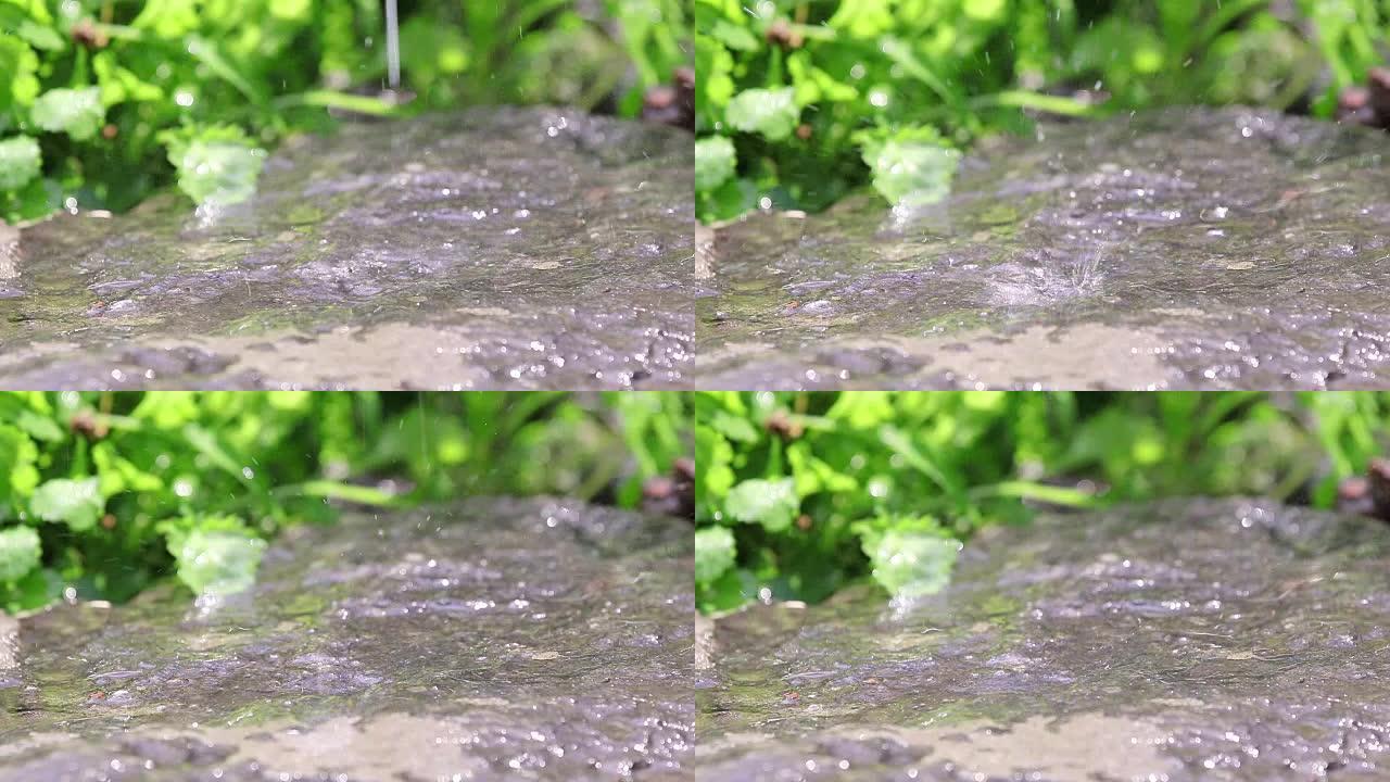 雨滴落在花园里的花岗岩上。水滴滴在湿石头上。循环，动态场景，调色视频。