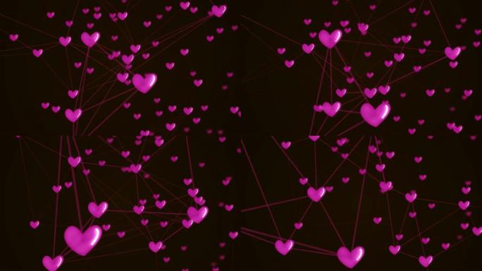 社交网络心脏连接与爱图标结构运动图形粉色黑色背景。抽象未来数字技术动画概念。