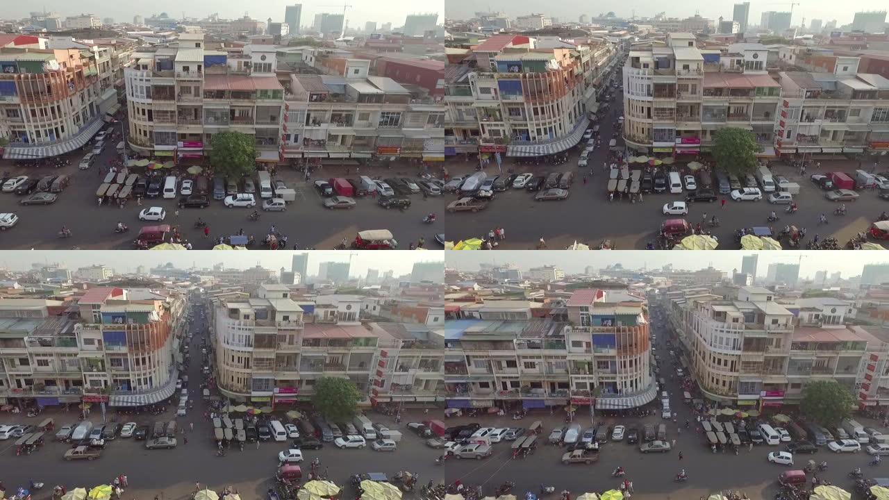柬埔寨金边拥挤建筑社区的鸟瞰图。