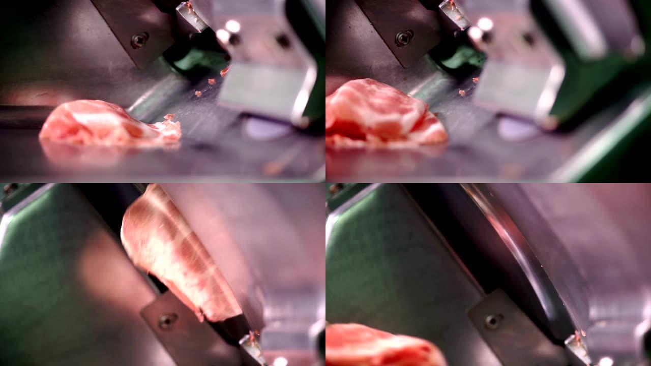 ECU拍摄2张照片: 双手戴着手套，以保持良好的卫生习惯，在厨房用切片机将猪肉或肉切片。