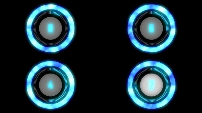 蓝色未来倒计时10比1，带照明效果。使用辉光环和螺栓运动，圆圈从10到1倒计时。