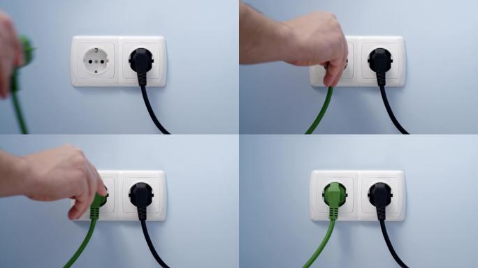 将绿色电源插头插入电源插座，作为可再生可持续替代能源发展的概念