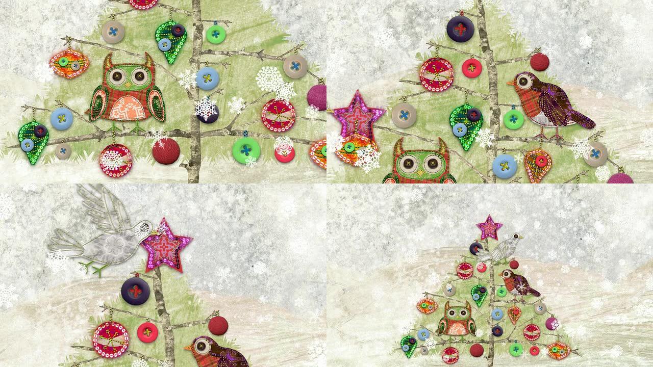 装饰圣诞树的鸟儿。拼贴风格的动画。