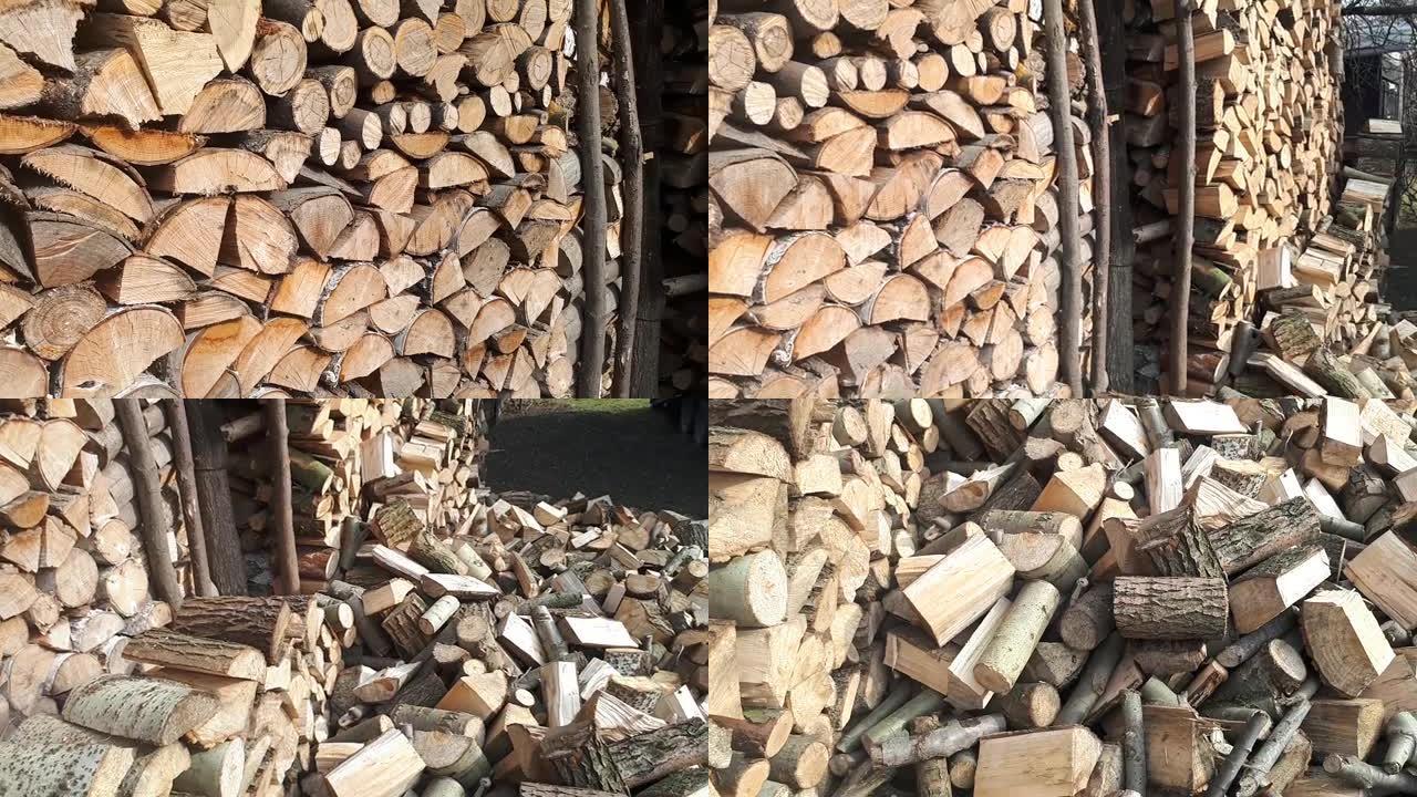 堆放的木头。为冬季准备的木材燃料