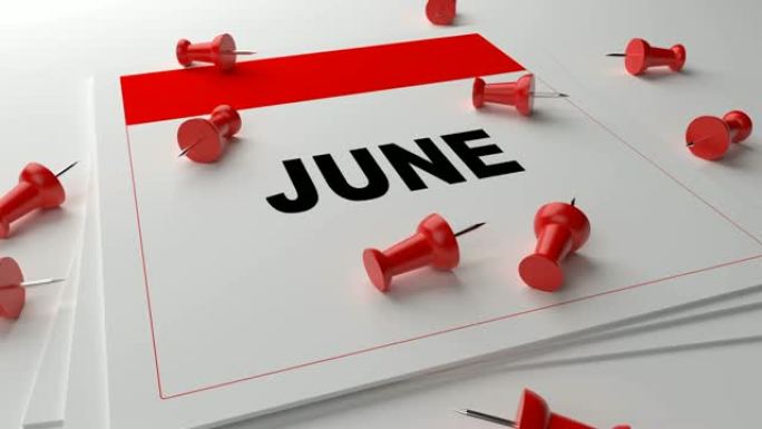 白色背景上的红色6月日历，带红色别针