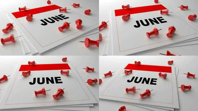 白色背景上的红色6月日历，带红色别针