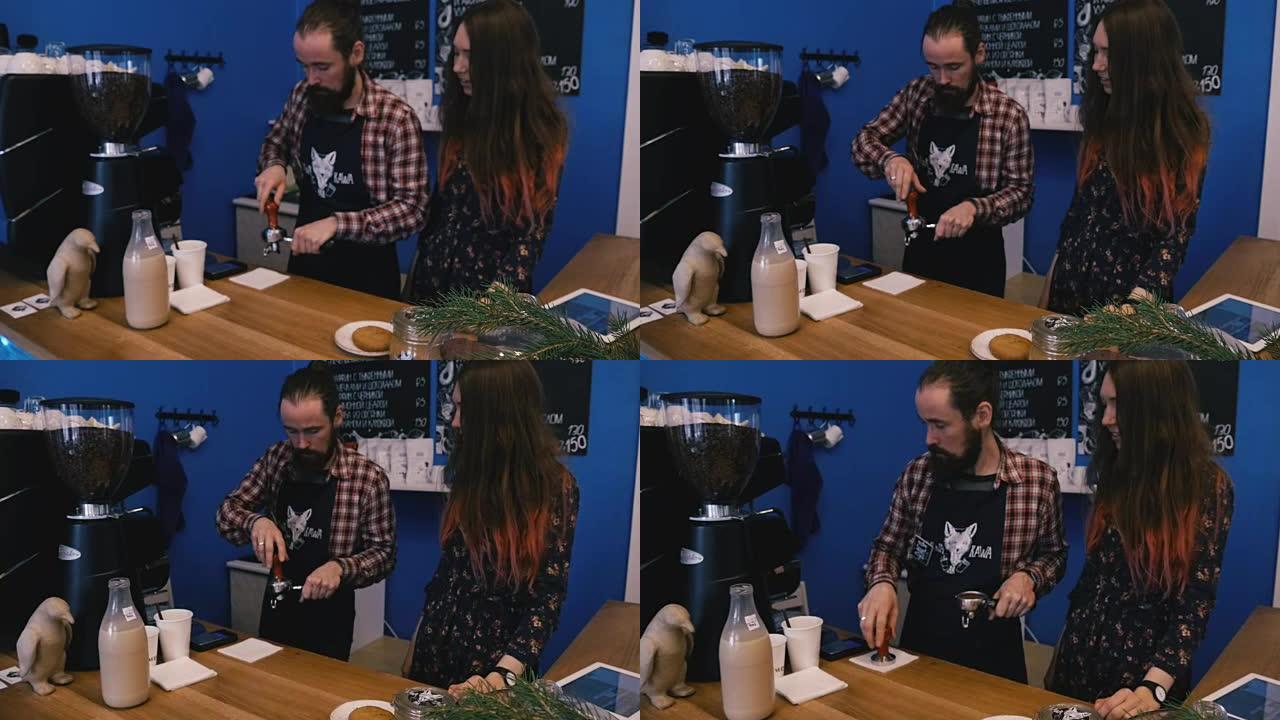咖啡师展示如何操作咖啡机。慢动作