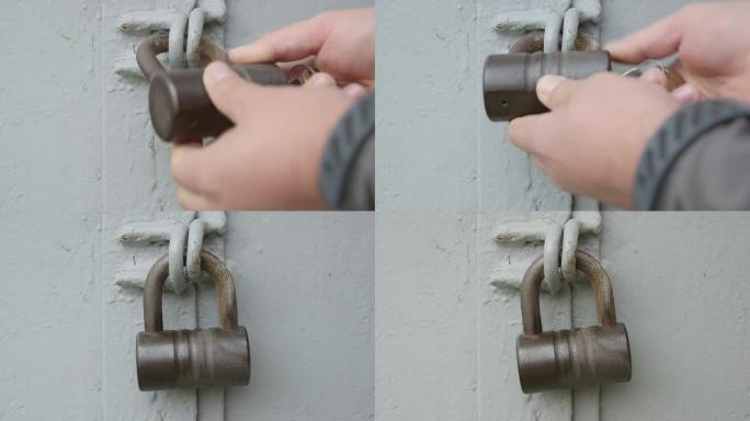 金属门上的挂锁所致上锁安全起见