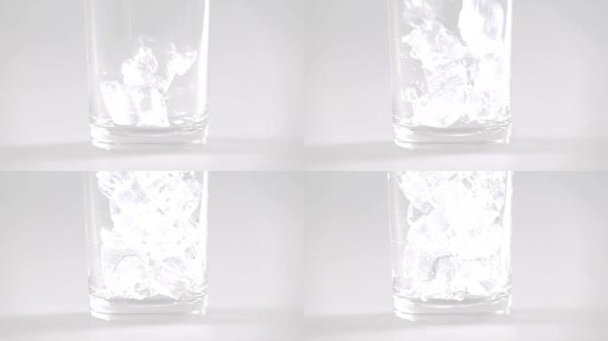 冰块落入玻璃慢动作的特写