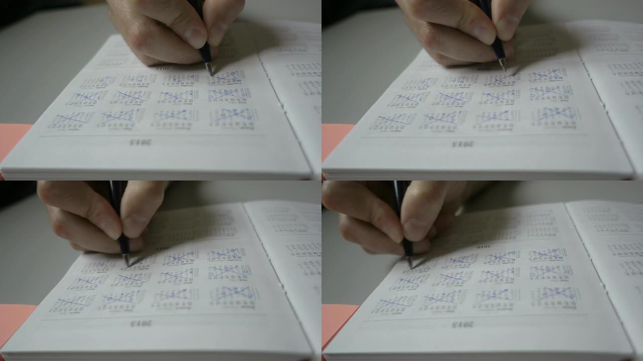 一个人在日历日记上做日期戳。工作流规划。特写。营销日历上的日期，特写。