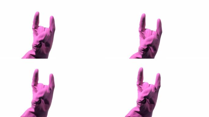 干净的手在白色背景上的紫色橡胶手套。摇滚和金属手势。