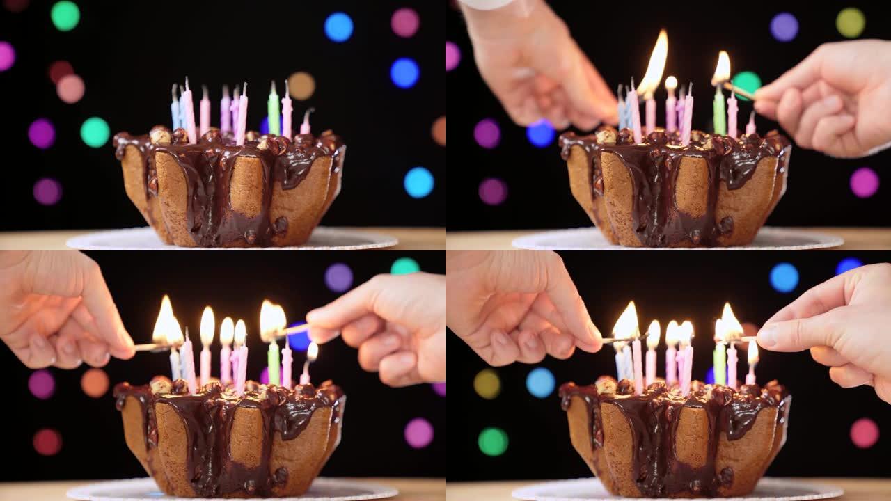 男人的手在五颜六色的背景上点燃生日蜡烛。生日派对，特写4k镜头
