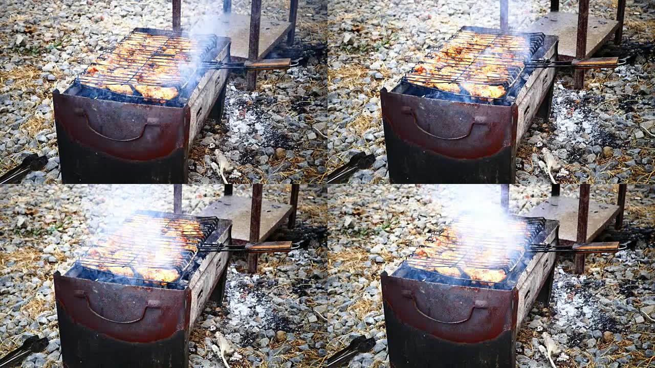 在烧烤上煮鸡肉，做烧烤，享受土耳其风味的烧烤，