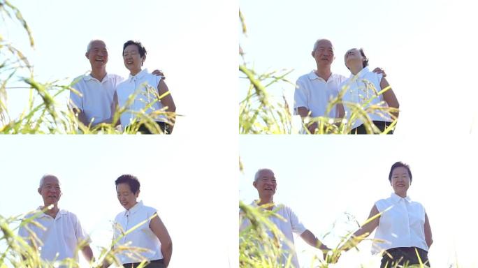 酷酷的亚洲老年夫妇穿着白衬衫在自然草地上享受阳光