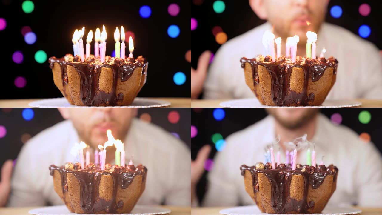 突然出现一个在生日蛋糕上吹蜡烛的男人。庆祝的概念生日派对快乐快乐。特写镜头。4