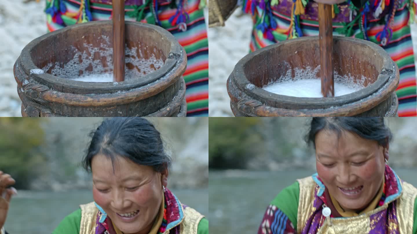 藏族妇女打茶桶打酥油茶