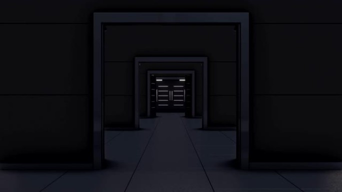 通过双扇门打开的黑暗走廊飞行。