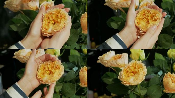 女性的手与黄色和橙色的玫瑰组成花束