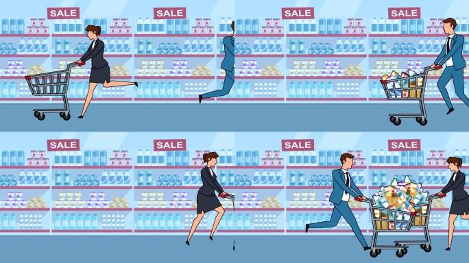 平面卡通女商人和商人角色用购物车动画进行销售购物
