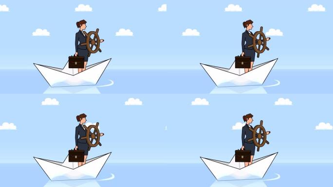 平面卡通女商人角色，掌舵轮漂浮在纸船商业控制概念动画