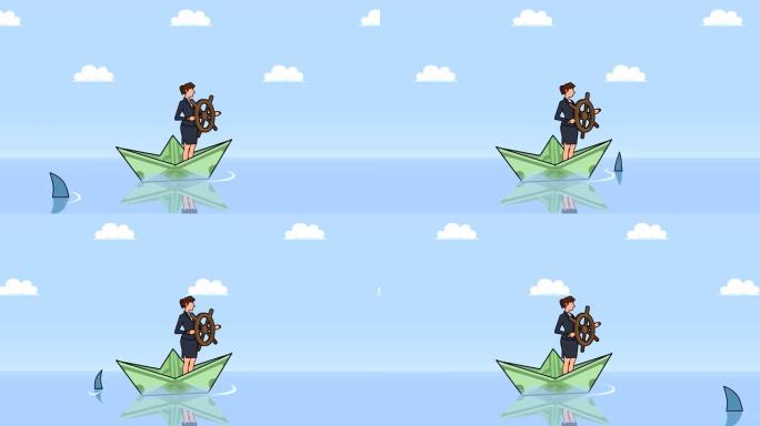 平面卡通女商人角色，掌舵轮漂浮在鲨鱼企业控制概念动画附近的美元纸船上