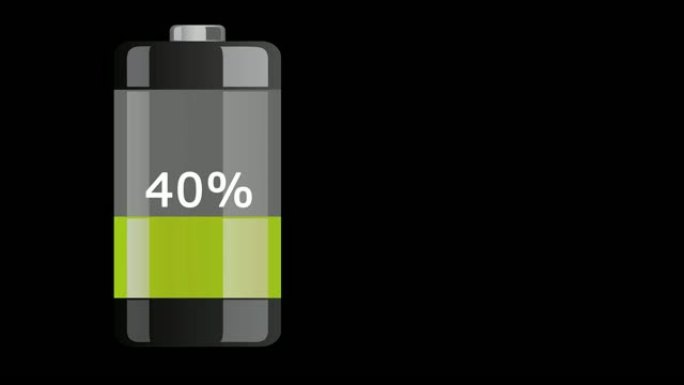 电池垂直站立，正在充电。充电过程显示，颜色变化和百分比显示在黑色背景前面，视频右侧区域的复制空间为4