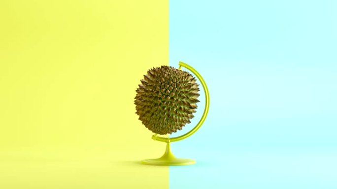 榴莲在柔和的黄色背景上改变模仿最小的想法概念。3D插图。