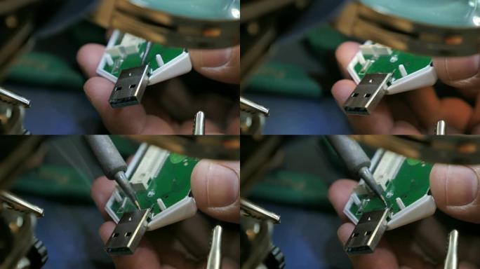 关闭服务中焊接引脚并修理USB设备的人员的镜头