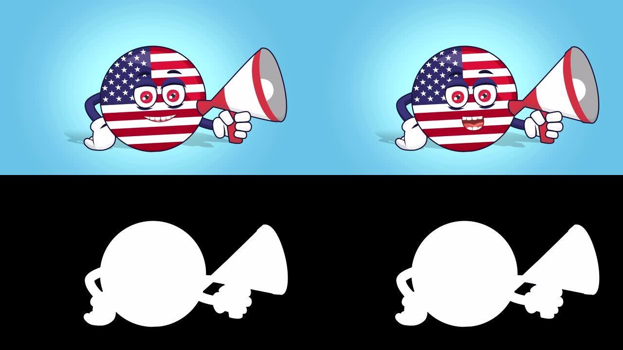 美国卡通图标，美国国旗，美国演讲者讲话与脸部动画