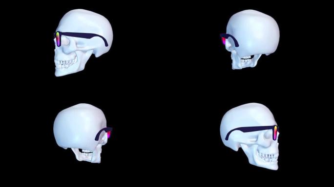 抽象背景与旋转彩色头骨太阳镜。艺术项目生动的创作构图。数字3d动画。