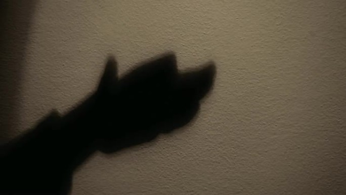 白色墙壁上的手臂阴影，形成吠叫的狗的身影