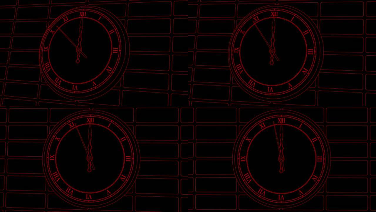 砖墙背景上的动画复古钟。12点最后10秒。红色轮廓driwing
