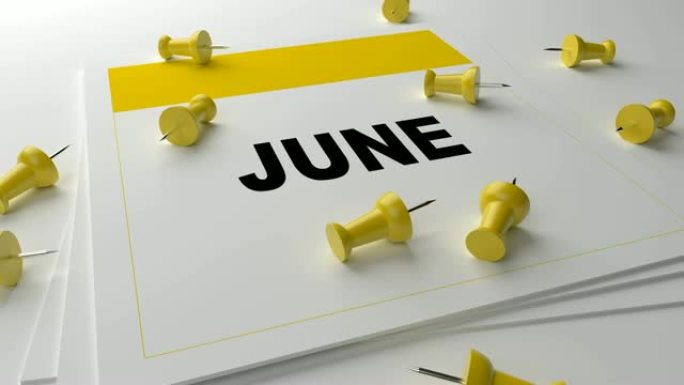 白色背景上的黄色6月日历，带黄色图钉