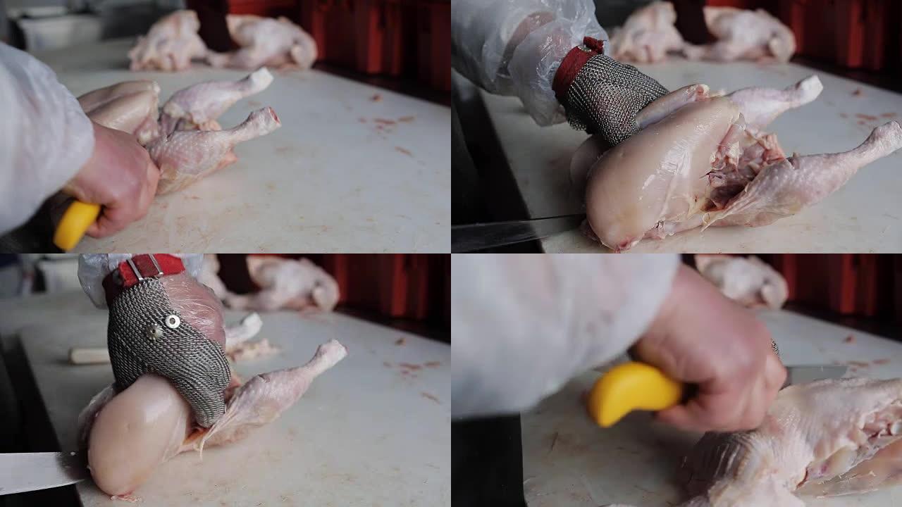 内部屠宰场的录像。屠宰就是切鸡。手切鲜肉