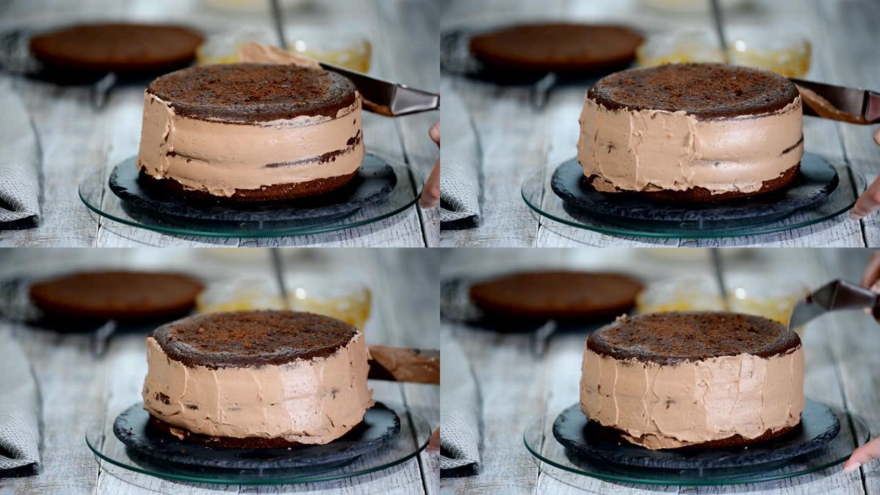 巧克力海绵蛋糕的烹饪过程。一步一步组装巧克力蛋糕。