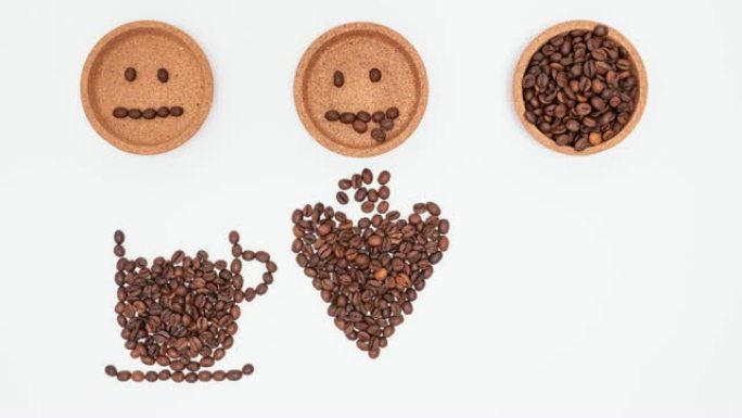 杯状，咖啡豆和咖啡豆形状的定格镜头。