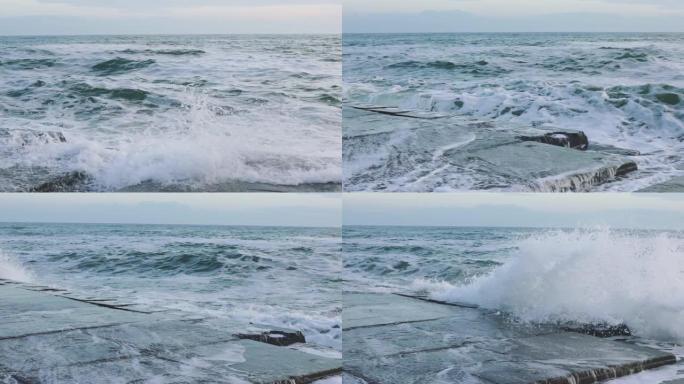 冷天风暴中的海浪，慢动作