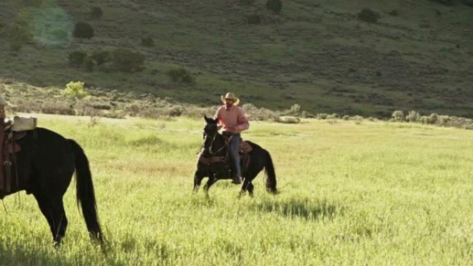 一个年轻的牛仔骑着马穿过犹他州的田野草地乡村