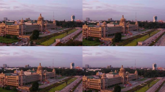 日落班加罗尔市著名宫殿广场空中全景4k印度