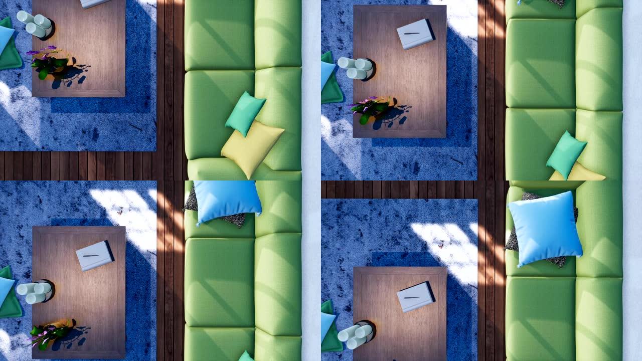 现代客厅室内顶视图3D动画中的绿色沙发