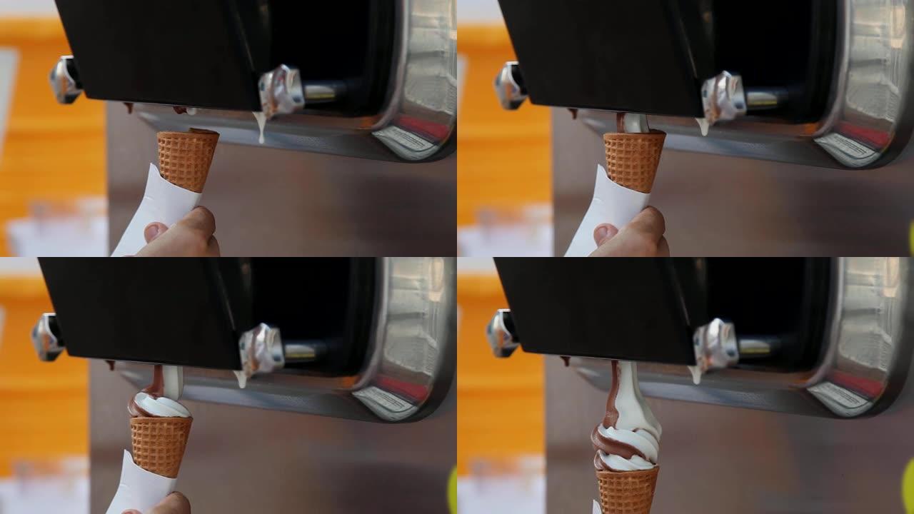 冰淇淋机供应商，特写镜头。