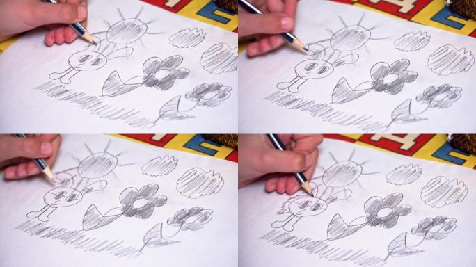女孩在相册纸上画了一只兔子和花